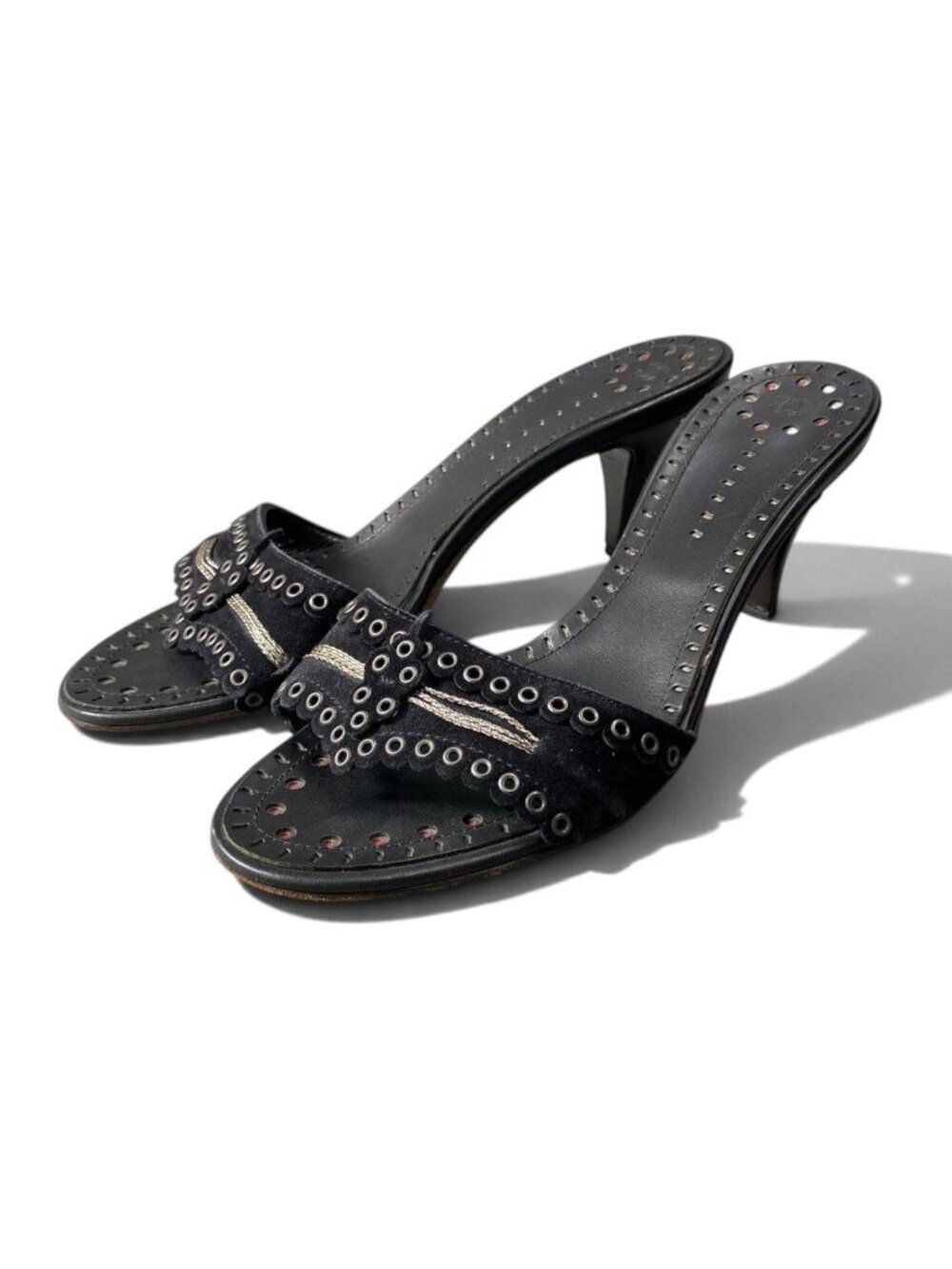 Chanel Eyelet Studs Kitten Heels Sandals Black